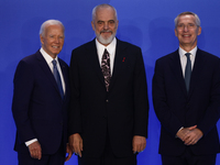 President of the United States Joe Biden, Prime Minister of Albania Edi Rama and Secretary General of NATO Jens Stoltenberg during welcome c...