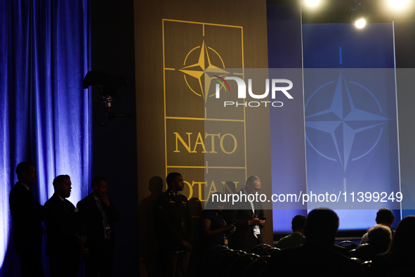 NATO logo is seen during the NATO Summit in Washington DC, United States on July 10, 2024. 