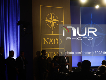 NATO logo is seen during the NATO Summit in Washington DC, United States on July 10, 2024. (