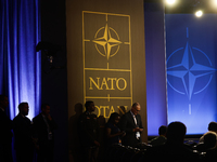 NATO logo is seen during the NATO Summit in Washington DC, United States on July 10, 2024. (