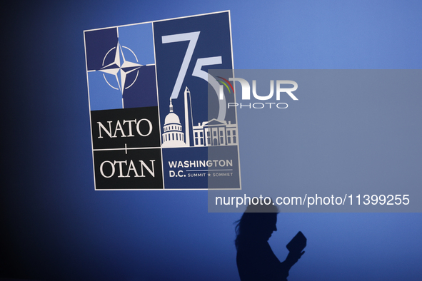 NATO logo is seen during the NATO Summit in Washington DC, United States on July 10, 2024. 