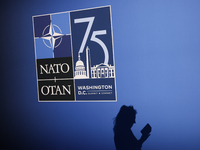 NATO logo is seen during the NATO Summit in Washington DC, United States on July 10, 2024. (