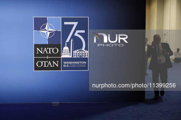 NATO logo is seen during the NATO Summit in Washington DC, United States on July 10, 2024. 