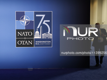 NATO logo is seen during the NATO Summit in Washington DC, United States on July 10, 2024. (