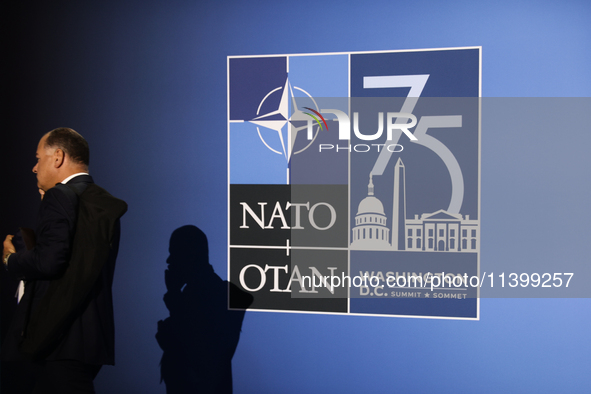 NATO logo is seen during the NATO Summit in Washington DC, United States on July 10, 2024. 