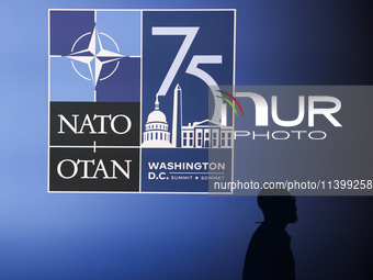 NATO logo is seen during the NATO Summit in Washington DC, United States on July 10, 2024. (