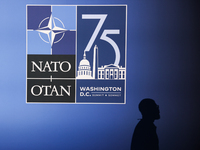 NATO logo is seen during the NATO Summit in Washington DC, United States on July 10, 2024. (