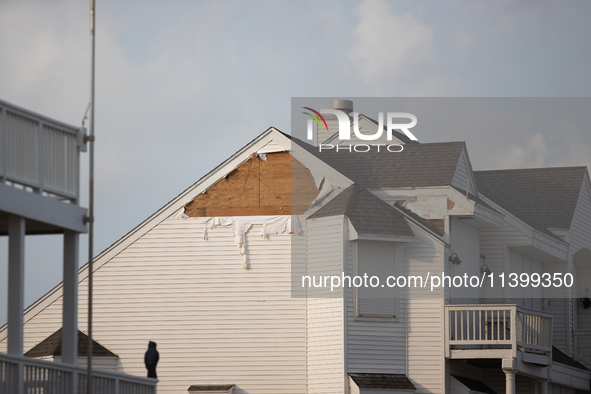 Damage is being seen on a house on Pirates Beach in Galveston, Texas, on July 10, 2024. 