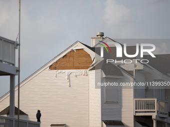 Damage is being seen on a house on Pirates Beach in Galveston, Texas, on July 10, 2024. (