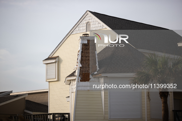 Damage is being seen on a house on Pirates Beach in Galveston, Texas, on July 10, 2024. 