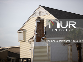 Damage is being seen on a house on Pirates Beach in Galveston, Texas, on July 10, 2024. (