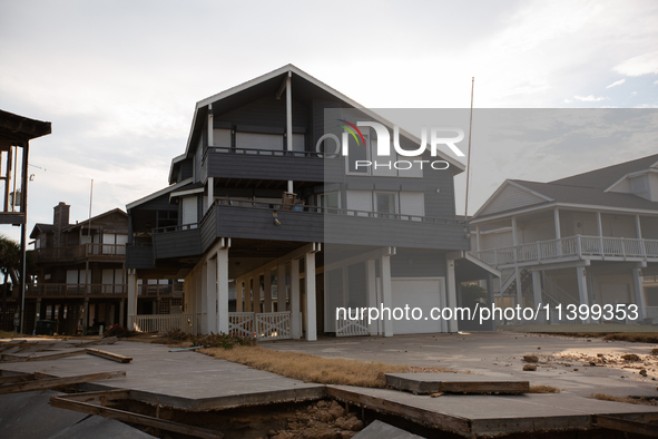 Damage is being seen on a house on Pirates Beach in Galveston, Texas, on July 10, 2024. 