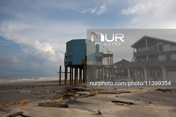 Damage is being seen on a house on Pirates Beach in Galveston, Texas, on July 10, 2024. 