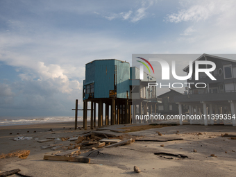 Damage is being seen on a house on Pirates Beach in Galveston, Texas, on July 10, 2024. (