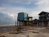 Damage is being seen on a house on Pirates Beach in Galveston, Texas, on July 10, 2024. (