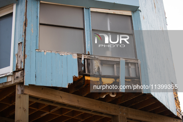 Damage is being seen on a house on Pirates Beach in Galveston, Texas, on July 10, 2024. 