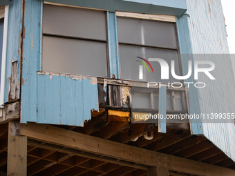 Damage is being seen on a house on Pirates Beach in Galveston, Texas, on July 10, 2024. (