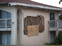 Damage is being seen on a building in Galveston, Texas, on July 10, 2024. (