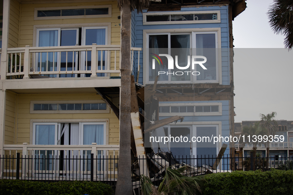 Damage is being seen on a building in Galveston, Texas, on July 10, 2024. 