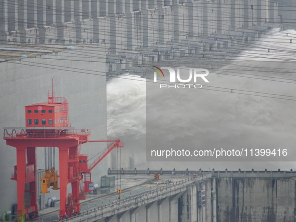 Floodwater is being released from the Three Gorges Dam in Yichang, China, on July 11, 2024. 