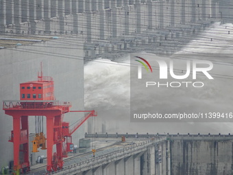 Floodwater is being released from the Three Gorges Dam in Yichang, China, on July 11, 2024. (