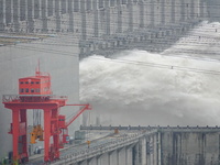 Floodwater is being released from the Three Gorges Dam in Yichang, China, on July 11, 2024. (