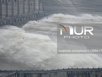 Floodwater is being released from the Three Gorges Dam in Yichang, China, on July 11, 2024. (