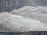 Floodwater is being released from the Three Gorges Dam in Yichang, China, on July 11, 2024. (