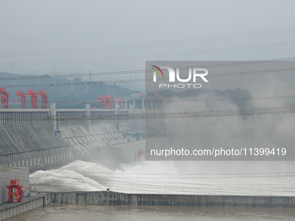 Floodwater is being released from the Three Gorges Dam in Yichang, China, on July 11, 2024. 