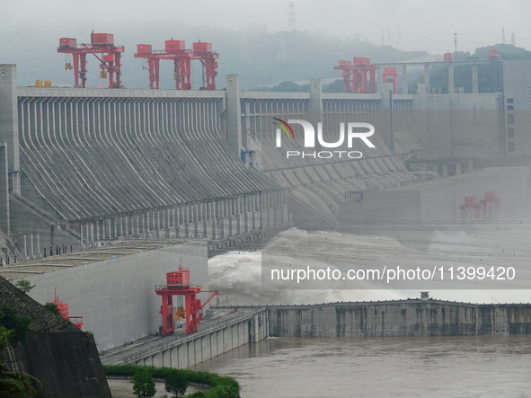 Floodwater is being released from the Three Gorges Dam in Yichang, China, on July 11, 2024. 