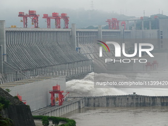 Floodwater is being released from the Three Gorges Dam in Yichang, China, on July 11, 2024. (