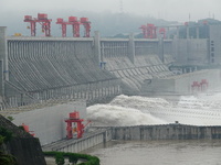 Floodwater is being released from the Three Gorges Dam in Yichang, China, on July 11, 2024. (