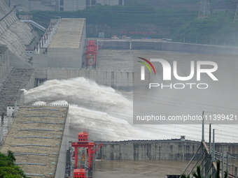 Floodwater is being released from the Three Gorges Dam in Yichang, China, on July 11, 2024. (