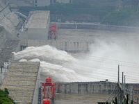 Floodwater is being released from the Three Gorges Dam in Yichang, China, on July 11, 2024. (