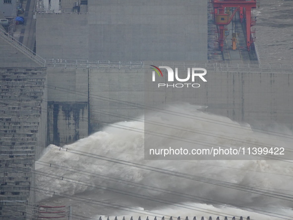 Floodwater is being released from the Three Gorges Dam in Yichang, China, on July 11, 2024. 