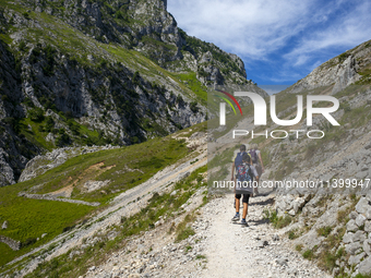 The Cares Trail (Ruta del Cares) in Asturias, Spain, on July 11, 2024, is one of the most popular trekking paths within the Picos de Europa....