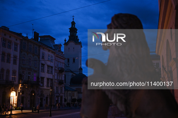 The Latin Cathedral is being pictured during a power outage at night in Lviv, Ukraine, on July 5, 2024. NO USE RUSSIA. NO USE BELARUS. 