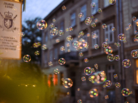 Soap bubbles are capturing light near the Lviv Soap Workshop in Lviv, Ukraine, on July 5, 2024. NO USE RUSSIA. NO USE BELARUS. (