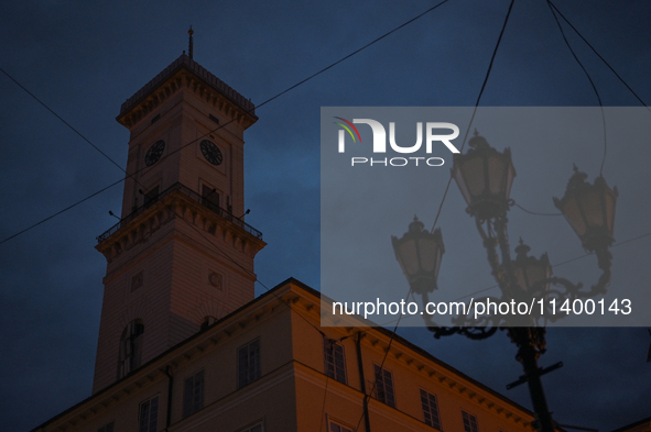 The Lviv Town Hall is being pictured during a power outage at night in Lviv, Ukraine, on July 5, 2024. NO USE RUSSIA. NO USE BELARUS. 