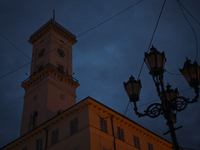 The Lviv Town Hall is being pictured during a power outage at night in Lviv, Ukraine, on July 5, 2024. NO USE RUSSIA. NO USE BELARUS. (