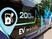 PEV6 King Long mini bus is presented for public by Barbican in Krakow, Poland on July 11, 2024. PEV6 will be included in Krakow public trans...