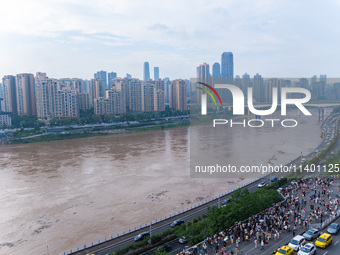 Water levels of the Jialing River and Yangtze River are rising sharply after heavy rainfall in Chongqing, China, on July 11, 2024. It is rep...