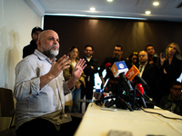 Former Colombian paramilitary leader Salvatore Mancuso is giving a press conference in Bogota, Colombia, on July 11, 2024, a day after the c...