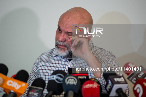 Former Colombian paramilitary leader Salvatore Mancuso is giving a press conference in Bogota, Colombia, on July 11, 2024, a day after the c...