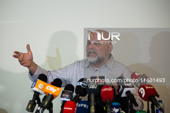 Former Colombian paramilitary leader Salvatore Mancuso is giving a press conference in Bogota, Colombia, on July 11, 2024, a day after the c...