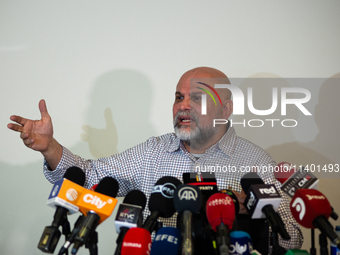 Former Colombian paramilitary leader Salvatore Mancuso is giving a press conference in Bogota, Colombia, on July 11, 2024, a day after the c...