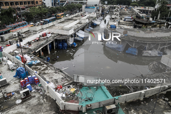 A top view is showing New Market, which is waterlogged due to a heavy downpour in Dhaka, Bangladesh, on July 12, 2024. 