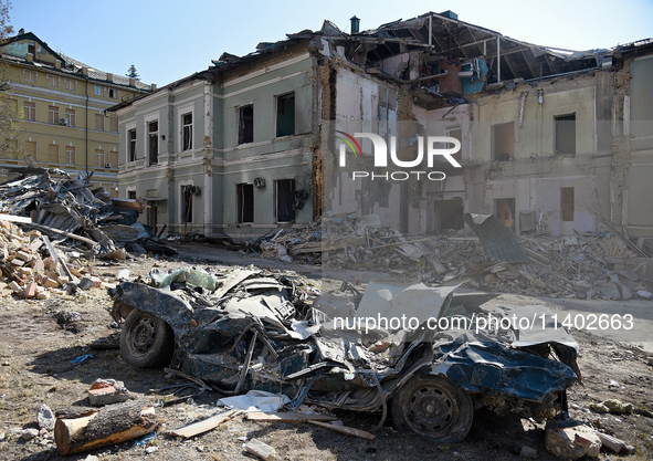 A building destroyed by the Russian missile attack on July 8 is being pictured on the premises of the Ohmatdyt National Specialized Children...