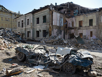 A building destroyed by the Russian missile attack on July 8 is being pictured on the premises of the Ohmatdyt National Specialized Children...