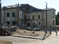 A building destroyed by the Russian missile attack on July 8 is being pictured on the premises of the Ohmatdyt National Specialized Children...